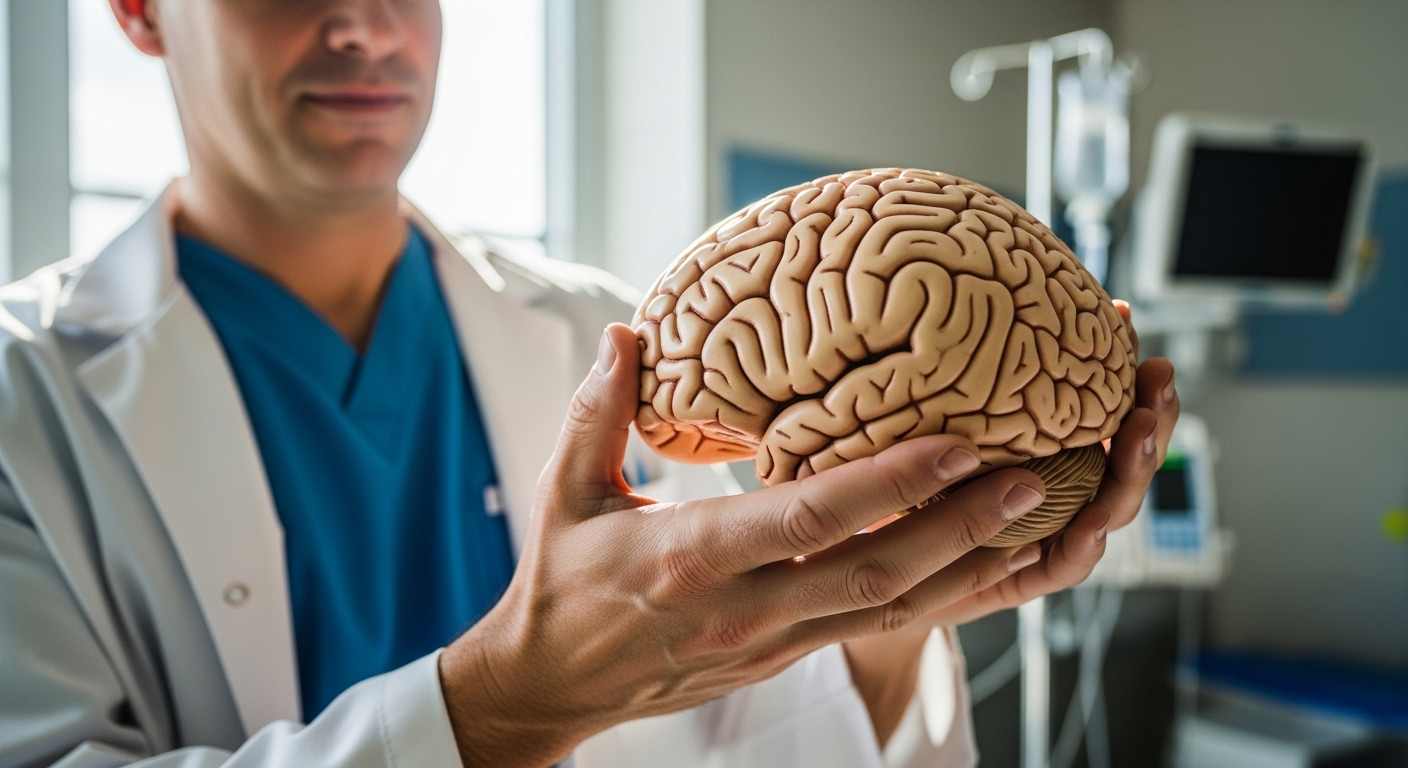 doctor holding brain model explaining oxygen importance