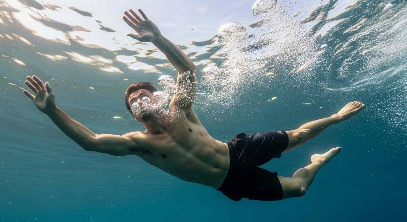 real person underwater struggling to breathe oxygen deprivation concept