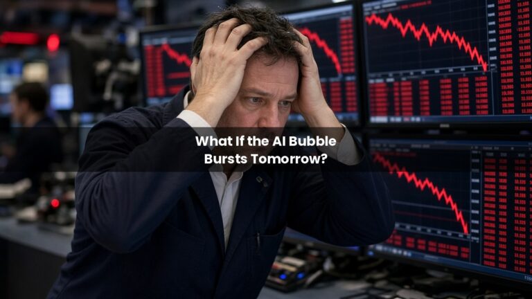 Stressed trader with hands on head in front of screens of falling red stock charts, illustrating what happens if the AI bubble bursts