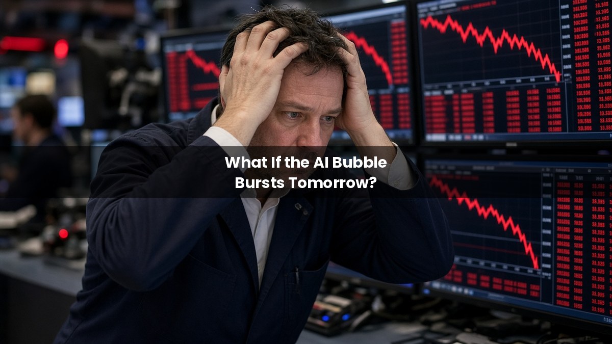 Stressed trader with hands on head in front of screens of falling red stock charts, illustrating what happens if the AI bubble bursts