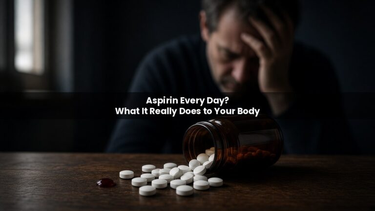 Spilled aspirin pills and a drop of blood on a table as a worried man holds his head