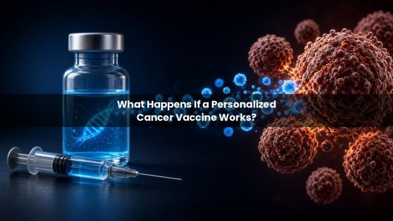 Personalized cancer vaccine concept: an mRNA vaccine vial and immune cells attacking melanoma cells