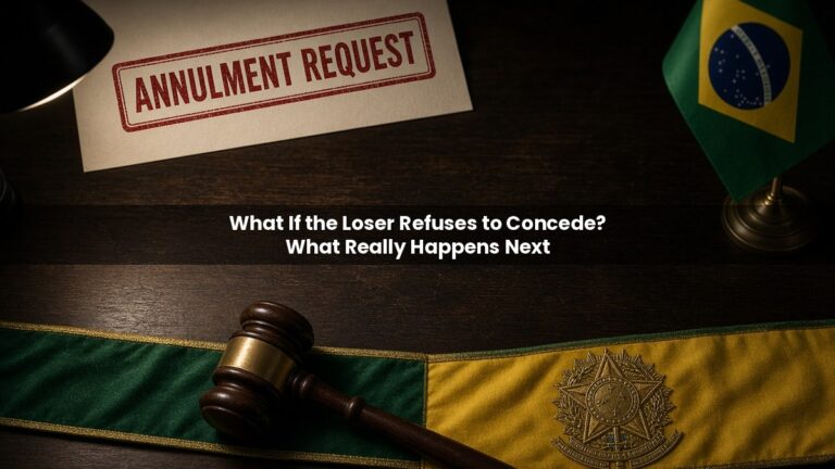Document stamped ANNULMENT REQUEST beside a judge's gavel on Brazil's green and yellow presidential sash, after the losing candidate refuses to concede