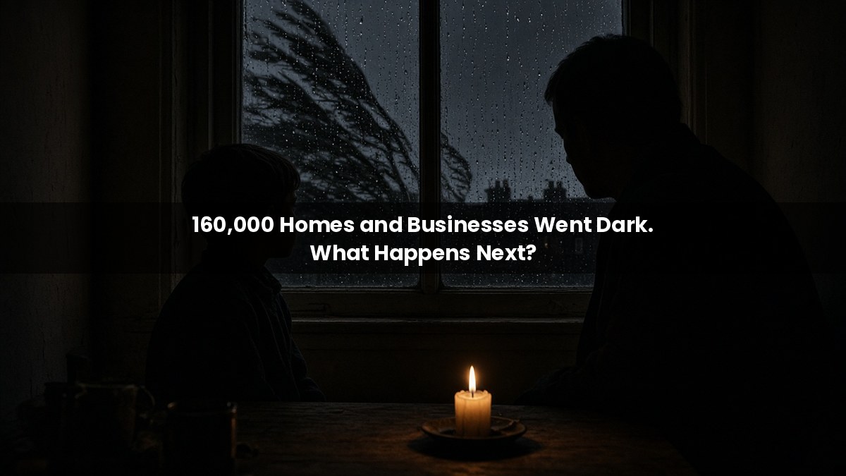 Parent and child sitting by a single candle in a dark home as a storm bends trees outside, illustrating a storm power cut