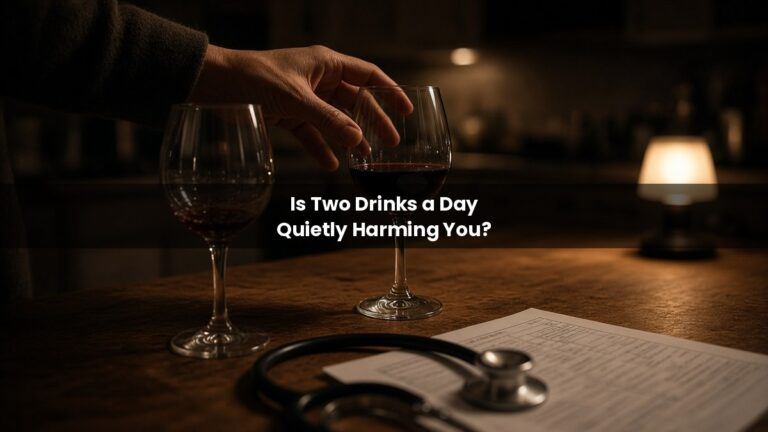 Hand reaching for a second glass of red wine at night beside a blood test sheet and stethoscope, illustrating what happens if you have two drinks a day