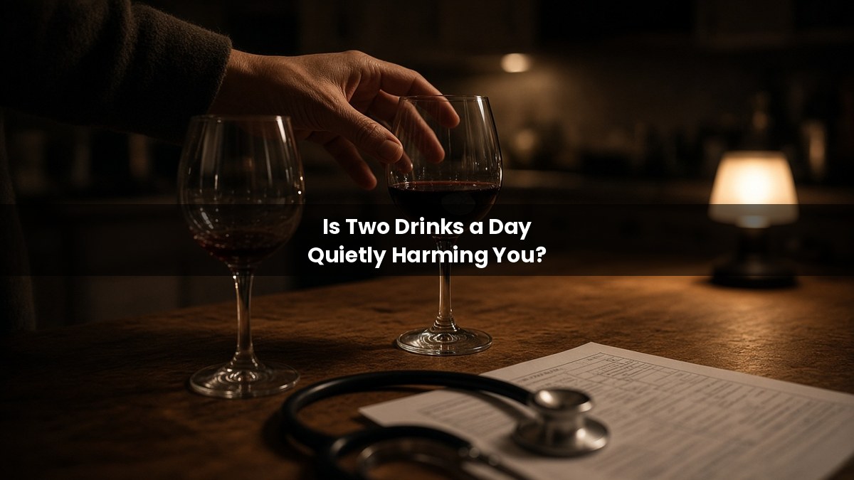 Hand reaching for a second glass of red wine at night beside a blood test sheet and stethoscope, illustrating what happens if you have two drinks a day